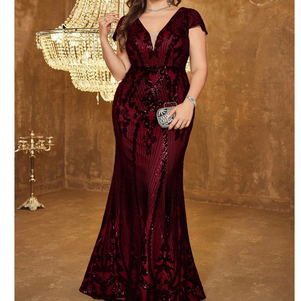 Luxe Sequin V neck Cap Sleeve High Waisted Formal Party Wedding Dress